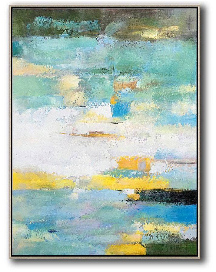 Vertical Palette Knife Contemporary Art,Artwork For Sale,Green,White,Yellow,Blue